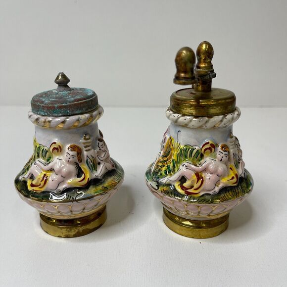Vintage Salt Shaker And Pepper Grinder Set Porcelain and Brass Made In Italy - Picture 3 of 16